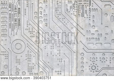 Concrete Wall Background With Carved Pattern Of Digital Electronics Circuit, Textured