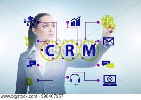 CRM custromer relationship management concept with businesswoman