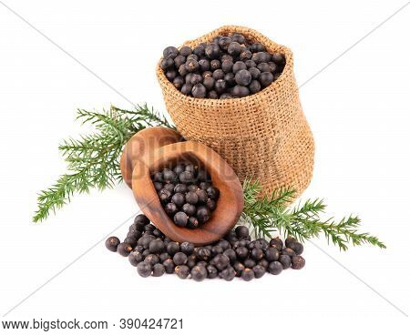 Dry Juniper Berries In Small Burlap Sack With Green Branch, Isolated On White Background. Common Jun