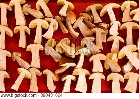 Food Market Of Hotorget In Stockholm, Sweden. Bolete Mushrooms From The Forest.