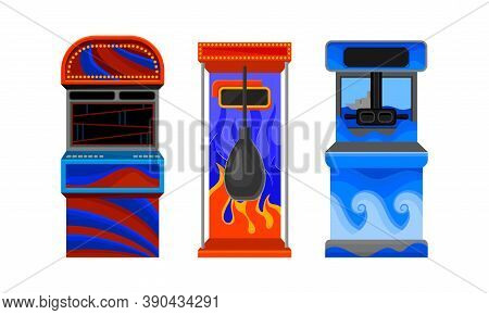 Arcade Machine Or Amusement Machine As Coin-operated Entertainment Machine Vector Set