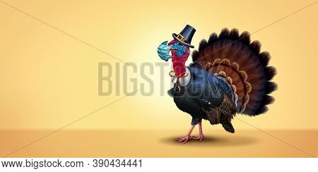 Healthy Thanksgiving Banner As A Seasonal Sign With A Turkey Tom Or Gobbler Wearing A Medical Face M