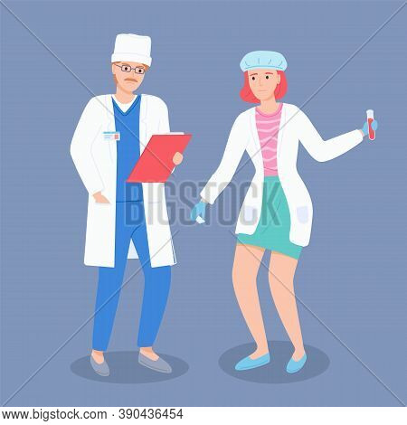 Doctor Talking With Laboratory Assistant Woman Holding Flask With Liquid Or Blood In Hand. Two Profe