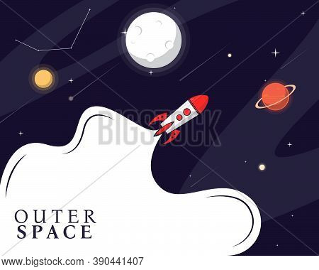 Space Landscape Illustration With Rocket, Moon And Planets