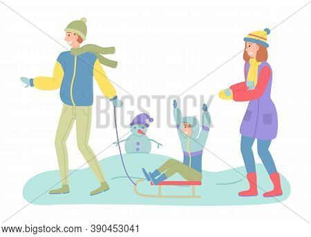 Father, Mother And Son On A Winter Walk. Man Sledding A Child. Family Members Walking Together In Co