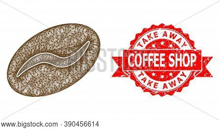 Net Coffee Bean Icon, And Take Away Coffee Shop Textured Ribbon Stamp Seal. Red Stamp Seal Includes 
