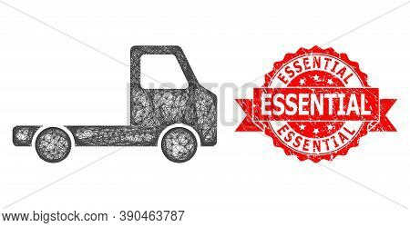 Wire Frame Delivery Car Chassi Icon, And Essential Corroded Ribbon Seal Imitation. Red Seal Has Esse
