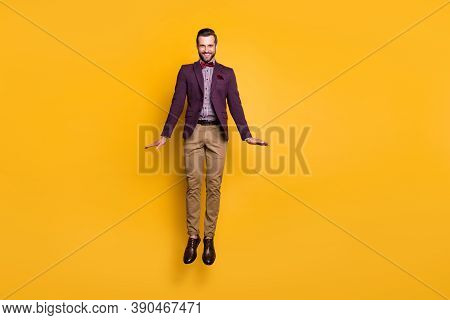 Full Body Photo Of Handsome Stylish Well-dressed Business Guy Jump High Up Good Mood Flirty Look Wea