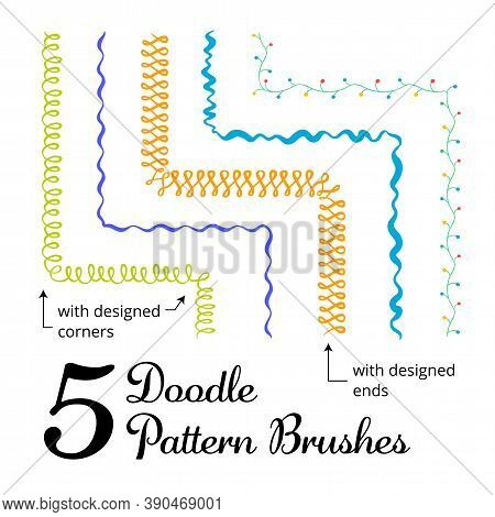Vector Set Of Five Hand Drawn Brushes With Corner Tiles. Seamless Pattern Of Different Colors For Fr