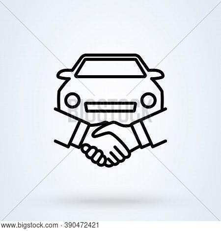 Car Deal With Hand Shake Sign Line Icon Or Logo. Business Shaking Concept. Car Dealer Making A Deal 