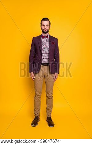 Full Body Vertical Photo Of Handsome Rich Clothes Stylish Guy Boyfriend Business Man Party Look Dres