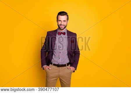 Photo Of Handsome Rich Clothes Stylish Wealthy Guy Boyfriend Hands Pockets Ready For Party Well-dres