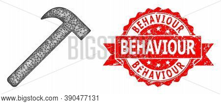 Wire Frame Hammer Tool Icon, And Behaviour Rubber Ribbon Seal. Red Seal Includes Behaviour Caption I