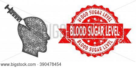 Network Head Injection Icon, And Blood Sugar Level Grunge Ribbon Stamp Seal. Red Seal Contains Blood