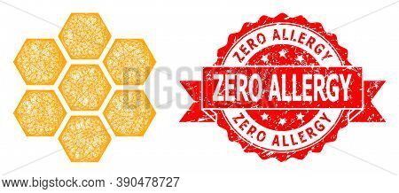 Network Honeycombs Icon, And Zero Allergy Textured Ribbon Stamp Seal. Red Stamp Seal Contains Zero A