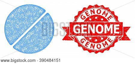 Wire Frame Medication Tablet Icon, And Genome Corroded Ribbon Seal. Red Seal Has Genome Caption Insi