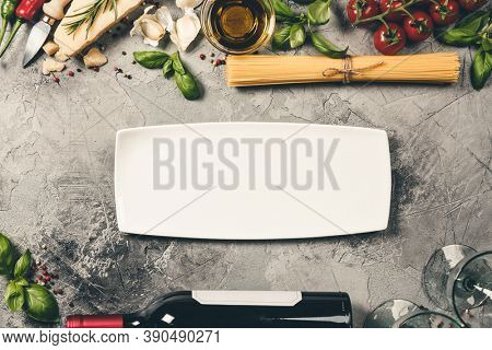 Italian food background. Slate background with space for text