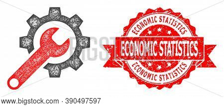 Network Repair Tools Icon, And Economic Statistics Textured Ribbon Stamp. Red Stamp Contains Economi