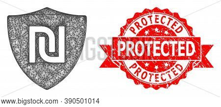 Network Shekel Guard Icon, And Protected Textured Ribbon Stamp Seal. Red Stamp Seal Has Protected Ta