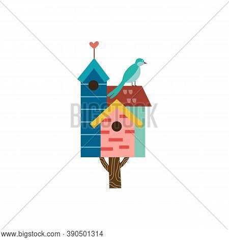 Cute Spring Birdhouse On Tree With Small Bird Flat Vector Illustration Isolated.