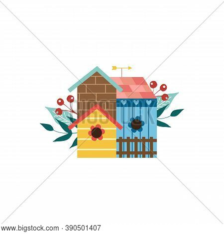 Vector Isolated Illustration Of Birdhouse With Branches, Berries And Weather Vane