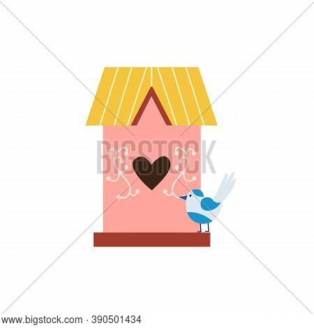 Sweet Cute Pink Birdhouse With Small Bird, Flat Vector Illustration Isolated.