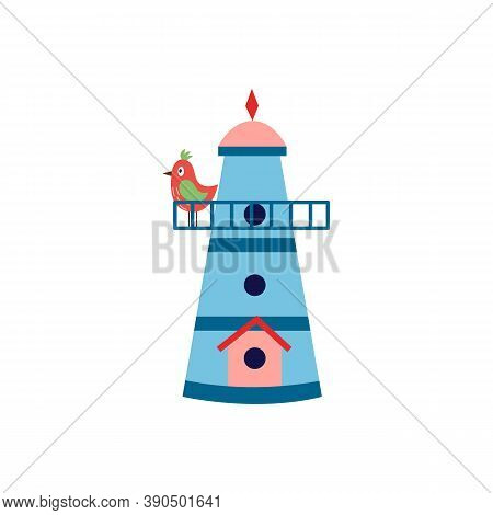 Birdhouse Cartoon Icon With Small Spring Bird Flat Vector Illustration Isolated.
