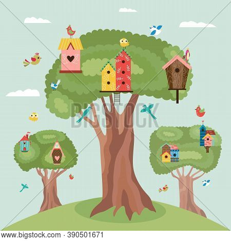 Spring Season Background With Birdhouses On Trees, Flat Vector Illustration.
