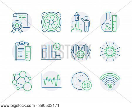 Science Icons Set. Included Icon As Decreasing Graph, Employee Hand, 5g Internet Signs. Chemistry La