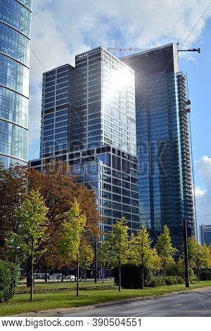 Warsaw, Poland. 19 October 2020. Roundabout Daszynski. New Skyscrapers In The Financial District Of 