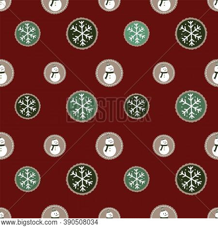 Seamless Pattern Of Traditional Winter Holiday Cookies With Snowmen And Snowflakes On A Red Backgrou
