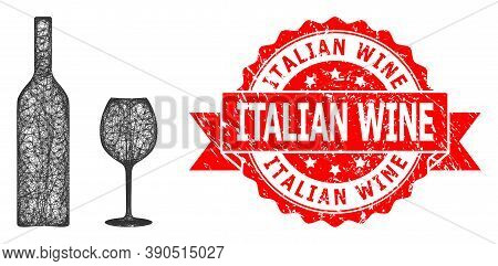 Net Wine Glassware Icon, And Italian Wine Rubber Ribbon Stamp Seal. Red Seal Has Italian Wine Title 