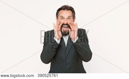 Man Shouting To You. Art Of Negotiations. Man Try To Persuade You In Something. Mature Charismatic S