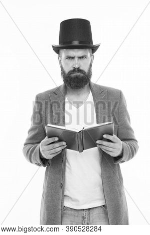 Dramatic Look. Reading Dramatic Scenario. Bearded Man Read Book Isolated On White. Poetry Reading. I