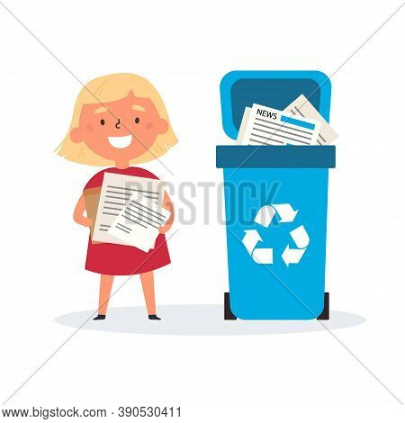Cute Girl Sorting Trash And Garbage For Recycling.the Girl Found Way Of Paper Waste To The Proper Co