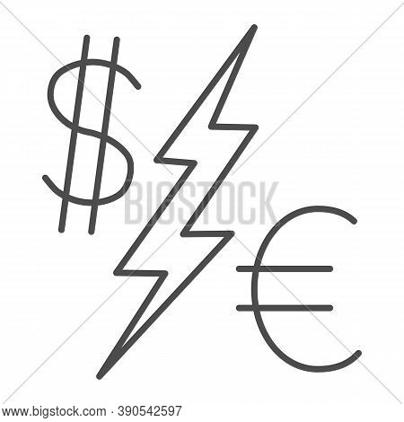 Dollar Vs Euro Thin Line Icon, Economic Sanctions Concept, Currency Symbols With Lightning Sign On W