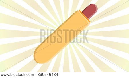 Hot Dog On White And Pink, Retro Background, Vector Illustration. Vertical Bun With A Hole, Inside A