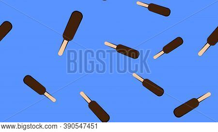Ice Cream On A Blue Background, Vector Illustration, Pattern. Popsicle On A Stick In An Appetizing C