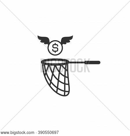 Butterfly Net And Caught Golden Dollar Coin With Wings. Catch, Hunt, Chase Money Symbol.