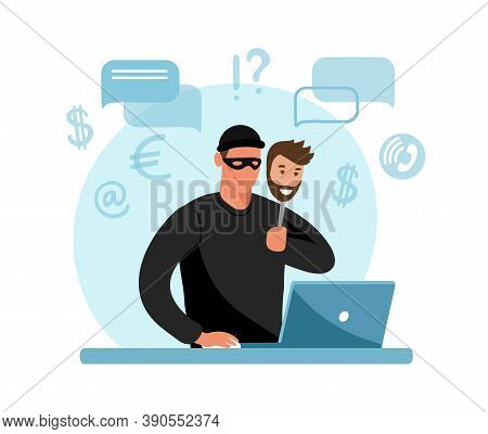Online Crime Concept Illustration, Online Social Media Fraud. A Swindler And A Thief Are Working At 