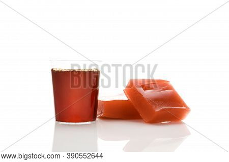 Collagen Drink And Jelly Isolated On White Background. Natural Beauty And Health Supplement For Skin