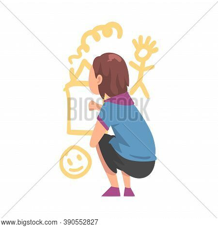 Girl Drawing Pictures Scribbles On Wall, Kid Drawing With Colorful Chalk Pencils And Crayons, Back V