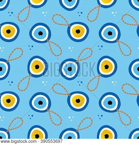 Nazar Amulets, Blue Evil Eye Protection Talismans And Dots Seamless Pattern Background.
