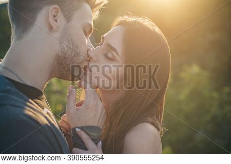 Romantic Beautiful Lovely Couple Of Lovers Kissing. Passion Dating And Love