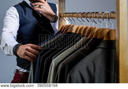 Man Suit, Tailor In His Workshop. Fashion Man In Classical Costume Suit. Tailor, Tailoring. Stylish 
