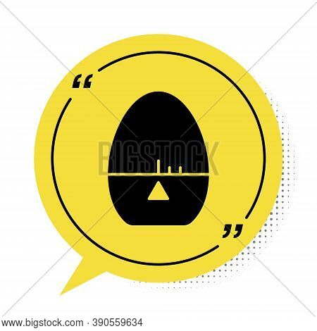 Black Kitchen Timer Icon Isolated On White Background. Egg Timer. Cooking Utensil. Yellow Speech Bub