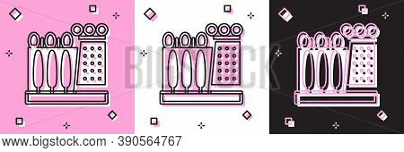 Set Salvador Dali Museum In Figueres, Spain Icon Isolated On Pink And White, Black Background. Vecto