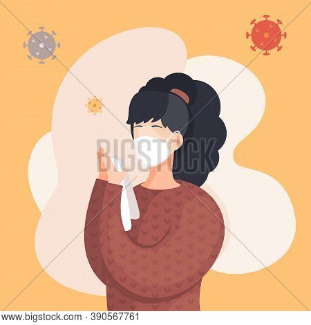 Covid-19, Portrait Of Woman In Respiratory Medical Mask, Flying Virus Pathogen Around. Spreading Vir