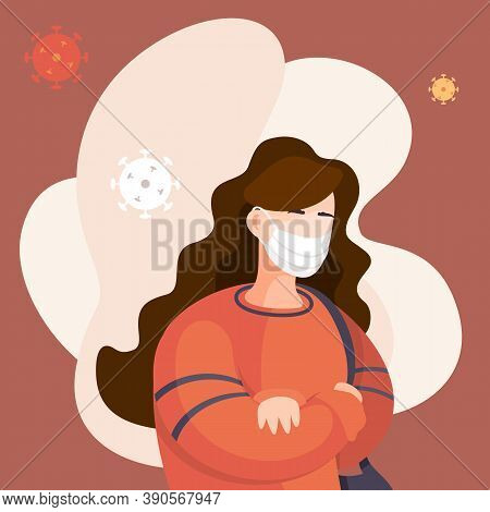 Covid-19, Portrait Of Woman In Respiratory Medical Mask, Flying Virus Pathogen Around. Spreading Vir
