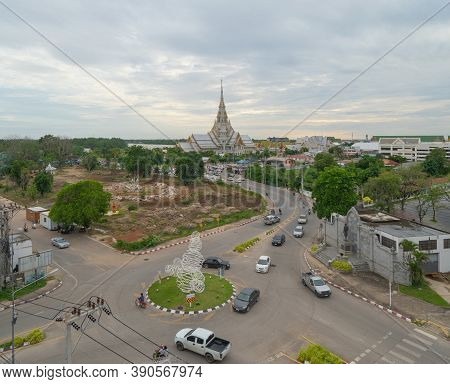 Aerial View Of Wat Sothon Wararam Or Temple Of Dignity, Mueang Cha Choeng Sao District With Chao Phr